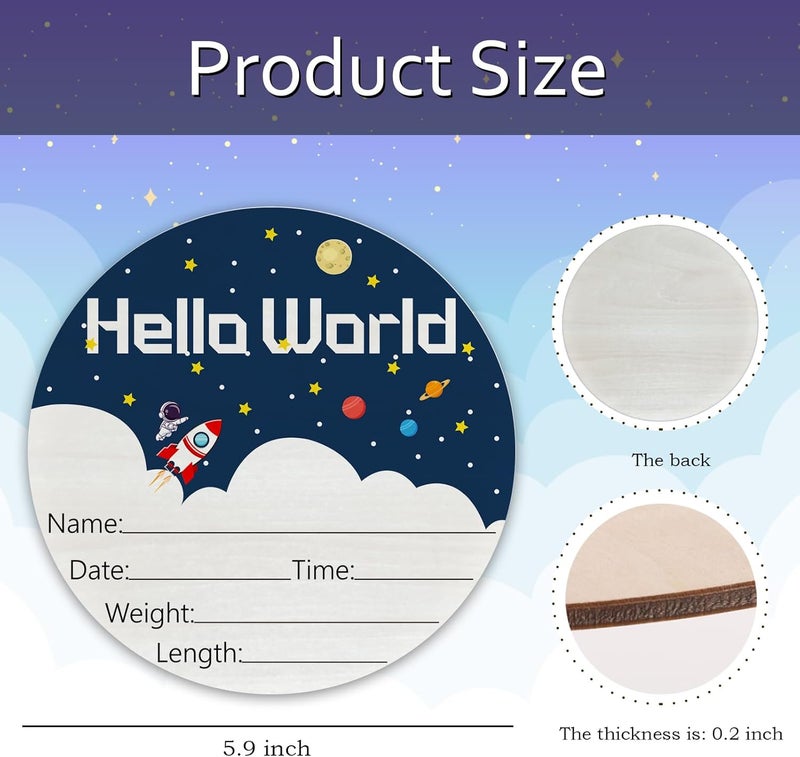 CLHHM Hello World Birth Announcement 6" Round Birch Wood Newborn Sign for Nursery Hospital & Baby Shower, Personalized Baby Name Plaque, Keepsake Décor Gift for New Parents (White Spaceship) - Image 2